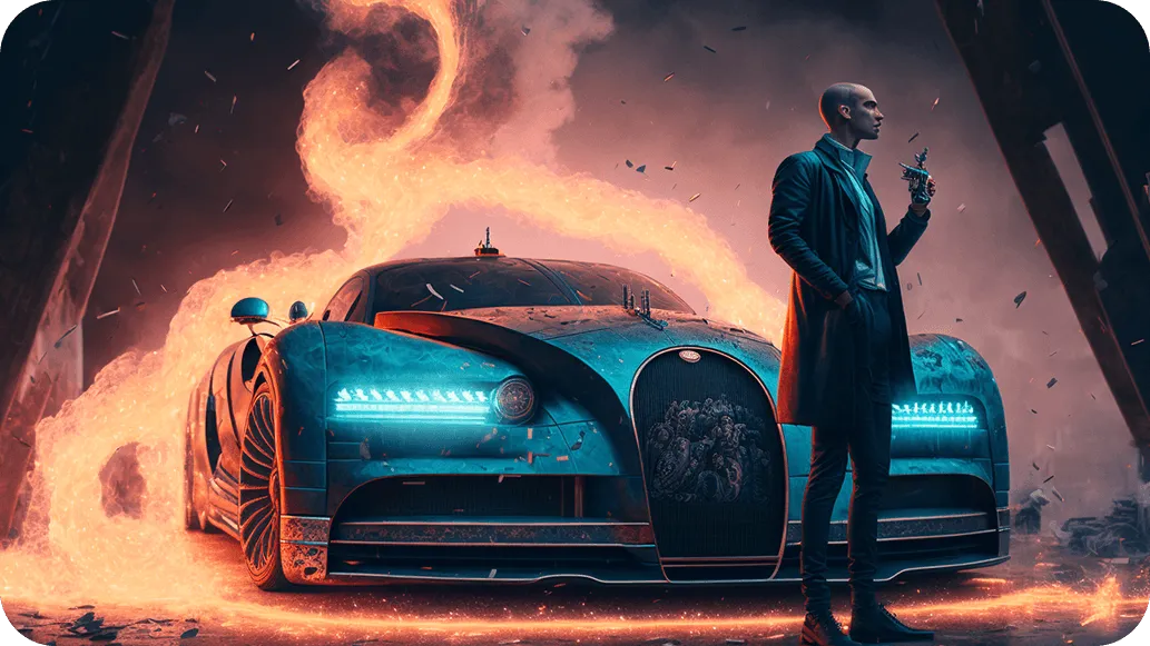 End goal - illustration of tate in front of his bugatti on fire